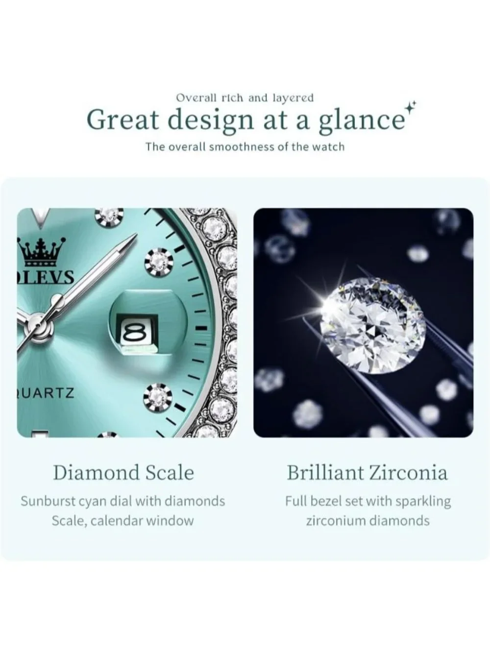 Women's Silver Blue Luxury Diamond with Date Analog Quartz Waterproof Watch